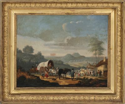 une image représentant un tableau où l'on voit une charrette tirée par un cheval avec des personnes à bord