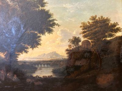 une peinture à l'huile représentant un paysage avec une rivière et un château au loin