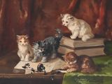 a painting of a group of cats sitting on a book