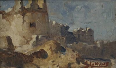 un tableau représentant un château au milieu d'un champ