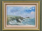 framed painting of a view of the ocean with a lighthouse in the distance