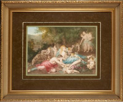 un tableau représentant un groupe de nus dans un décor boisé