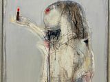 a painting of a dog holding a bottle of wine