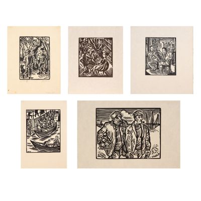 une série de six dessins en noir et blanc représentant des personnes dans une forêt
