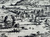 drawing of a landscape with a river and a mountain in the distance