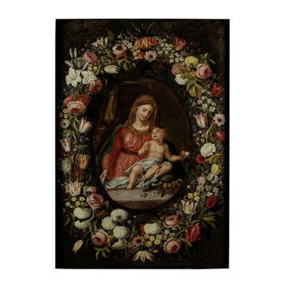 un tableau représentant une femme tenant un enfant dans une couronne de fleurs