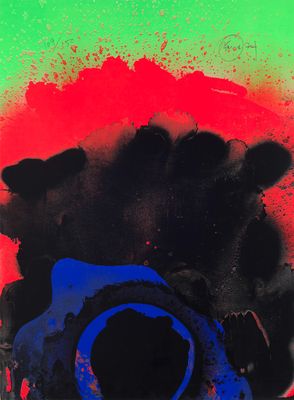 an abstract painting with black and red paint on a green background