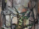 an oil painting of a house in a wooded area with trees