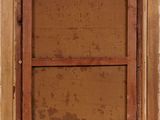 an old picture of a window with a wooden frame in it