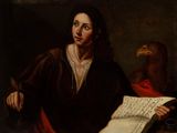 painting of a man sitting at a table with a bird on his shoulder