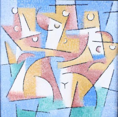 peinture abstraite représentant un groupe de personnes dans une palette de couleurs bleue, jaune et rouge