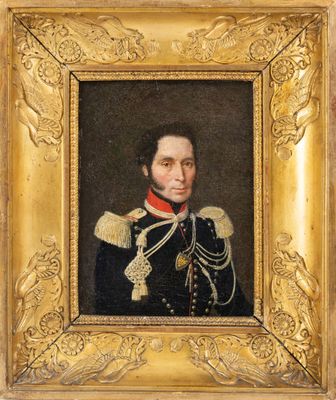 un tableau représentant un homme en uniforme militaire, dans un cadre doré