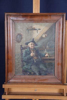 une peinture à l'huile représentant un homme assis sur une chaise devant un fond bleu