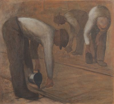 tableau représentant deux hommes travaillant sur un morceau de bois dans une pièce