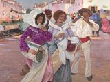 a painting of a group of people walking down the street