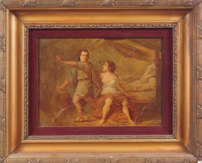 un vieux tableau représentant un homme et une femme assis sur un rocher