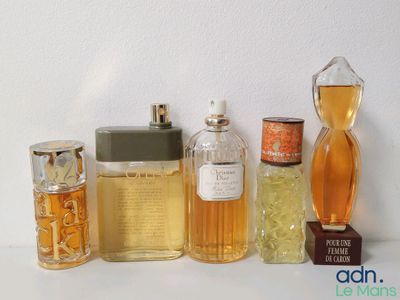 plusieurs types différents de flacons de parfum alignés sur une surface blanche