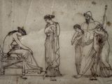 three women in long dresses are sitting on a chair and one is holding a cane