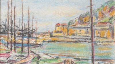 un dessin représentant des bateaux amarrés dans un port par une journée ensoleillée