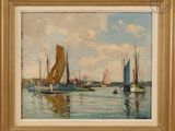 painting of sailboats in the water with a sky background