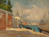 painting of a harbor scene with boats and buildings in the background