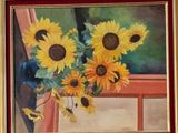 a painting of sunflowers in a vase on a window sill