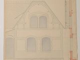 a drawing of a house with a clock on the top of it