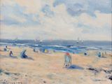 une peinture représentant une scène de plage avec des gens sur le sable