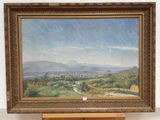 an oil painting of a landscape with mountains in the distance