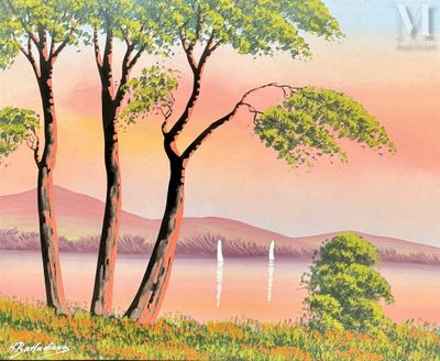 une image d'une peinture d'un paysage avec des arbres