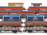 six train cars that are lined up on a white surface