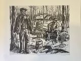 a black and white drawing of a man and a woman in the woods