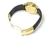an image of a gold watch with a black strap on a white surface
