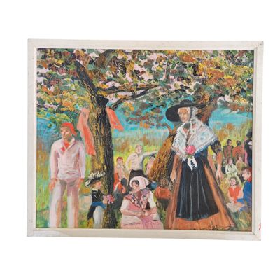 une image représentant un tableau où l'on voit des personnes dans un champ avec un arbre