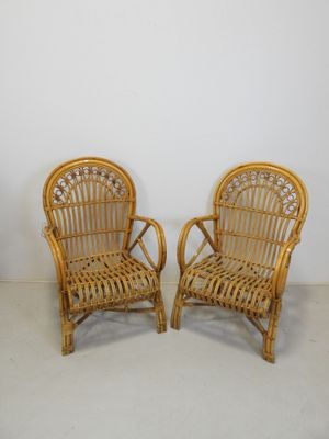 paire de fauteuils de salon vintage en rotin tressé