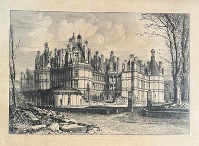 drawing of a large castle with a clock tower on the top of it