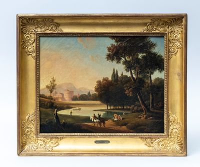 an oil painting of a landscape with a river and a castle in the distance
