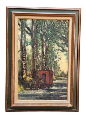framed oil painting of a horse drawn carriage on a country road
