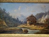tableau représentant une scène fluviale avec une maison au loin et un homme dans un bateau au premier plan
