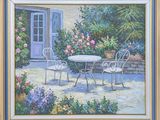 an oil painting of a table and chairs in a garden