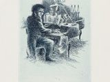 drawing of a man sitting at a table with a bottle of wine
