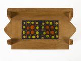 a picture of a picture of a wooden tray with fruit and vegetables on it