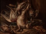 un tableau représentant un lapin et des oiseaux morts posés sur une table