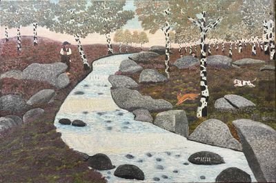 un tableau représentant un ruisseau traversant une forêt