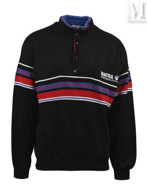 a black sweater with a red, white, and blue stripe on the chest