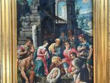 une peinture à l'huile représentant un groupe de personnes rassemblées autour d'un bébé