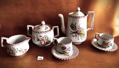 five pieces of porcelain tea set on a brown cloth
