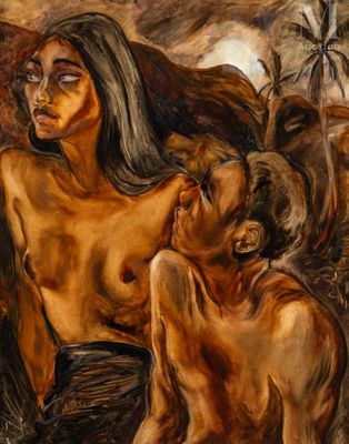 une peinture à l'huile représentant un homme et une femme assis sur un rocher