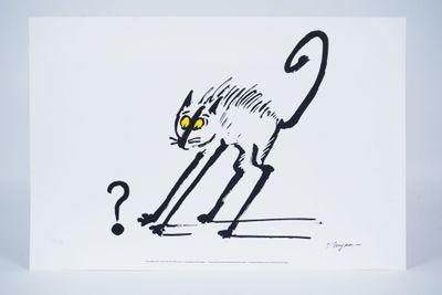 black and white drawing of a cat with yellow eyes on a white background