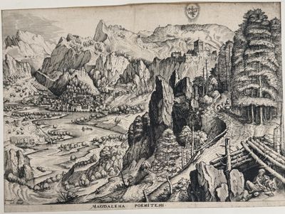 an old drawing of a mountain landscape with a river and mountains in the background